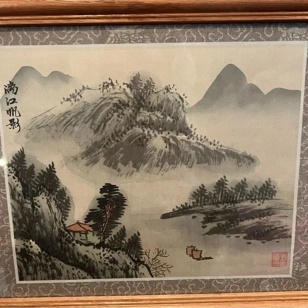 Japanese chinese Prints on Silk Signed Framed wooden Black & White Nature Art🖼️